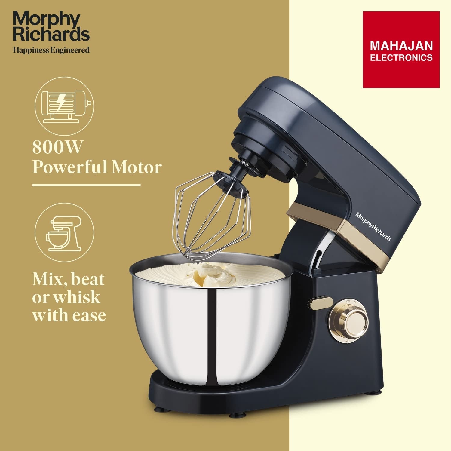Morphy Richards Melange 800W Stand Mixer |Mixing, Beating, Kneading, Whisking| 8-Speed Level|Attachments-Dough Hook, Whisk, Mixing beater|Navy Blue - Mahajan Electronics Online