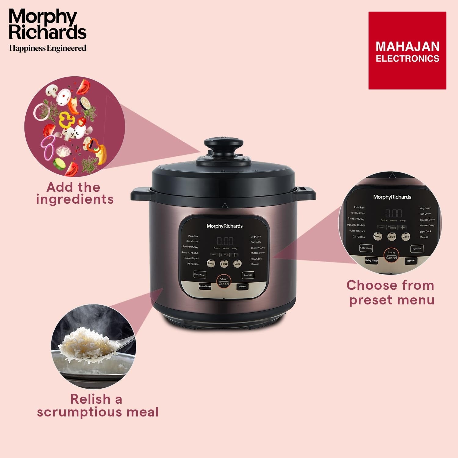 Morphy Richards WizPot 6 Litres 1000W Electric Pressure Cooker| Customised Preset for Indian Cooking| Automatic Shut-Off| Metallic Brown - Mahajan Electronics Online