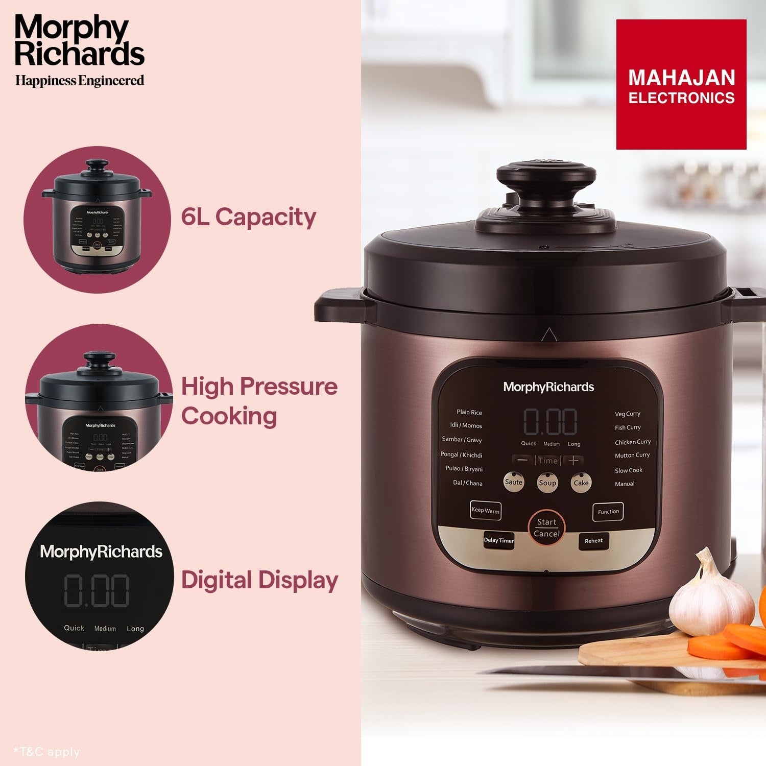 Morphy Richards WizPot 6 Litres 1000W Electric Pressure Cooker| Customised Preset for Indian Cooking| Automatic Shut-Off| Metallic Brown - Mahajan Electronics Online