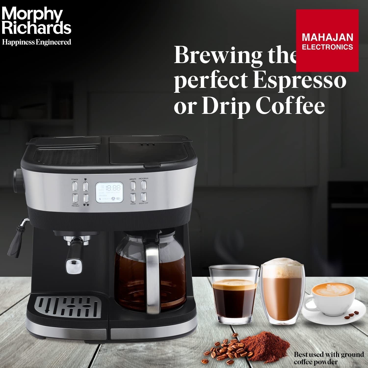 Morphy Richards DuoPresso 2-in-1 Coffee Maker|Drip & Espresso| 15 bar Pressure| Digital Display|Removable Drip Tray| Upto 10 cups* of Coffee| Keep Warm Tray| 2-Yr Warranty by Brand|Black - Mahajan Electronics Online