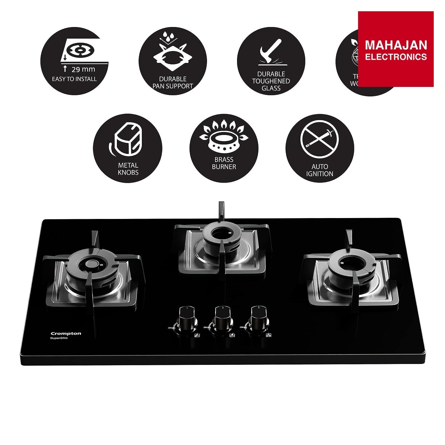 Crompton TAB-SUHB783-MBL SuperSlim Hobs HalfBrass 78cm 3 Burners Midnight Black - Mahajan Electronics Online