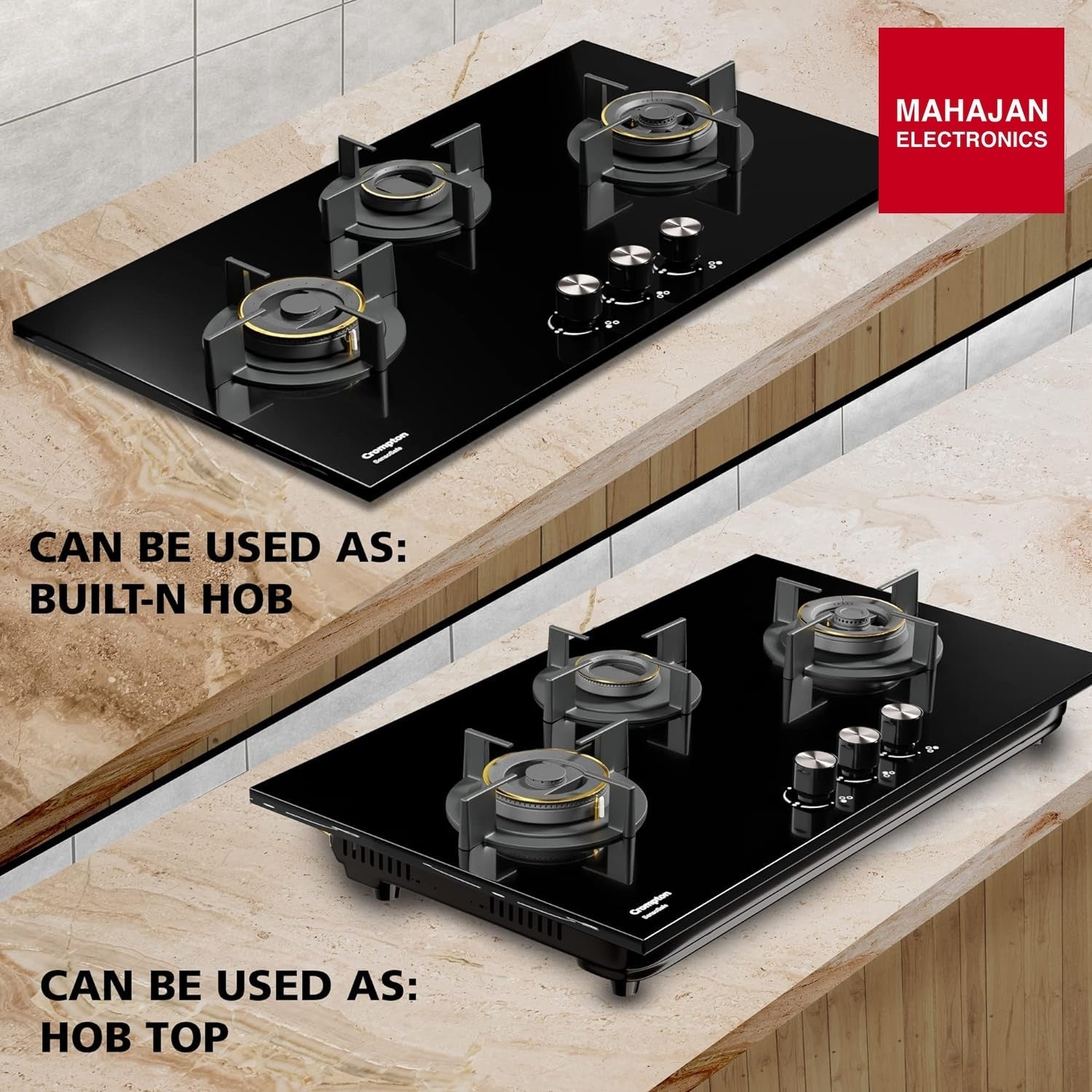 Crompton HOB-SSHB783-MBL Built-In Gas Hob SensoSafe HalfBrass 78cm 3 Burners Midnight Black – Mahajan Electronics Online.