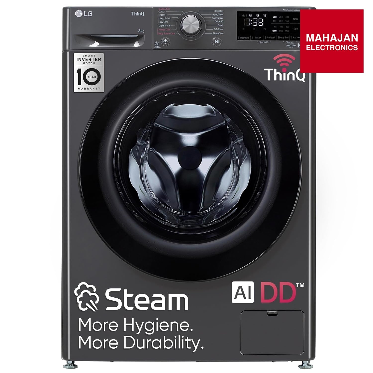 LG FHP1208Z5M 8 Kg 5 Star Inverter Wi-Fi Fully-Automatic Front Loading Washing Machine with Inbuilt heater (Middle Black, AI DD Technology & Steam for Hygiene) - Mahajan Electronics Online
