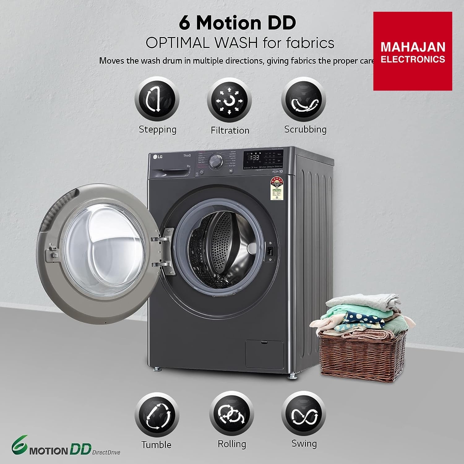 LG FHP1208Z5M 8 Kg 5 Star Inverter Wi-Fi Fully-Automatic Front Loading Washing Machine with Inbuilt heater (Middle Black, AI DD Technology & Steam for Hygiene) - Mahajan Electronics Online