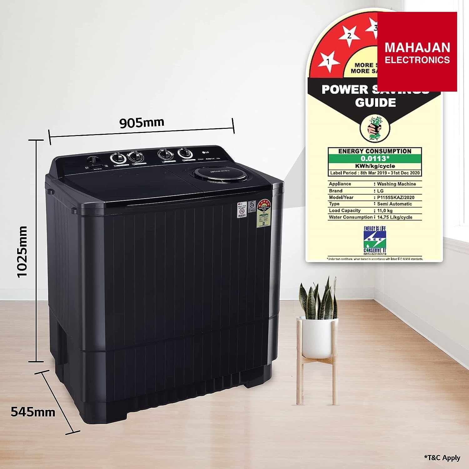 LG 11.5 Kg 5 Star Wind Jet Dry Rat Away Technology Semi-Automatic Top Loading Washing Machine (P115ASKAZ, Roller Jet Pulsator, Punch + 3, Middle Black) - Mahajan Electronics Online