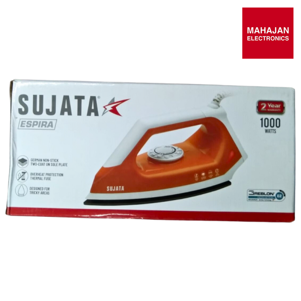 SUJATA Espira Press German Technology Non Sick Coated Sole Plate 1000 W Dry Iron (Orange-White) - Mahajan Electronics Online