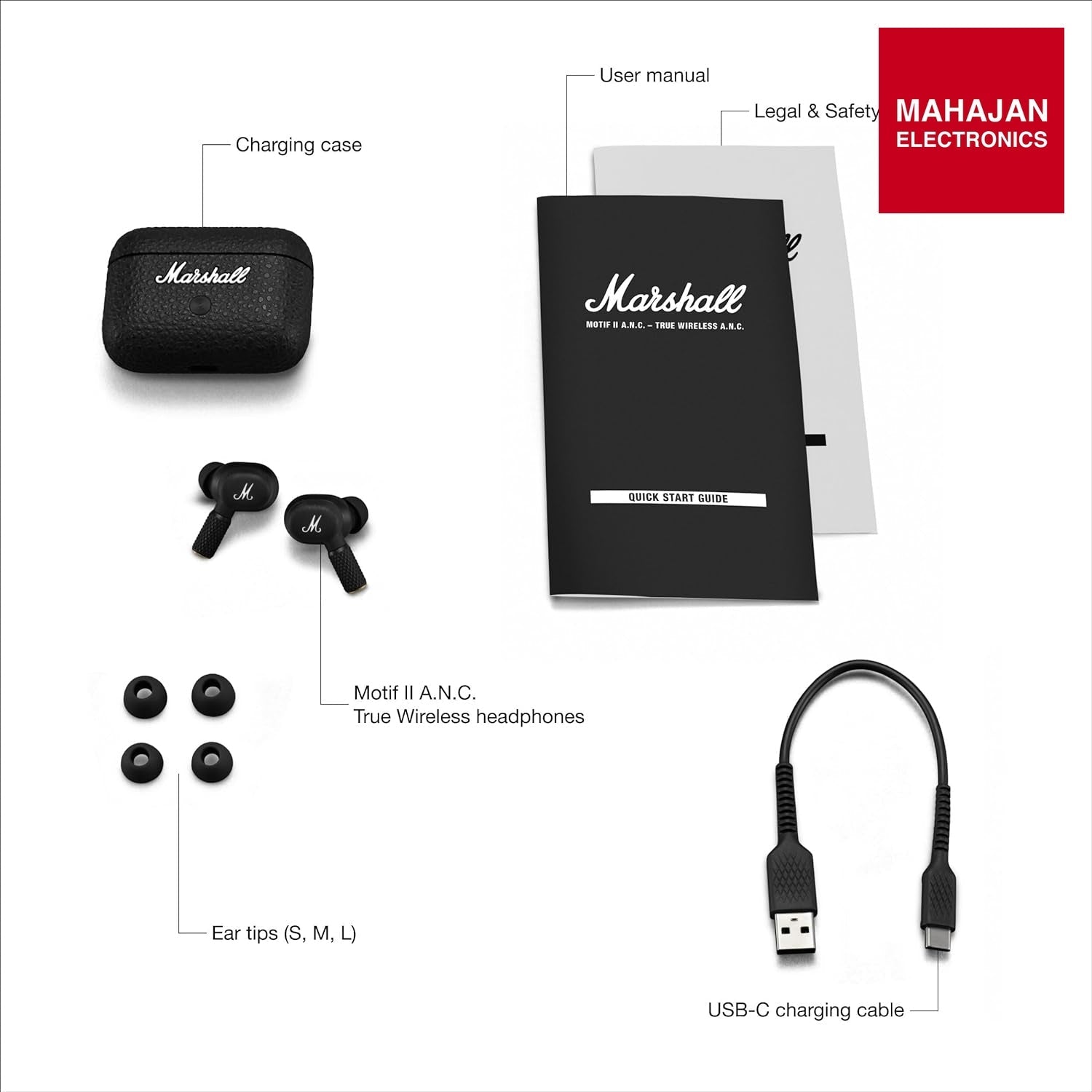 Marshall Motif II ANC - True Wireless Active Noise Cancelling Bluetooth Headphones, Earbuds, 30 Hours Playtime – Black - Mahajan Electronics Online