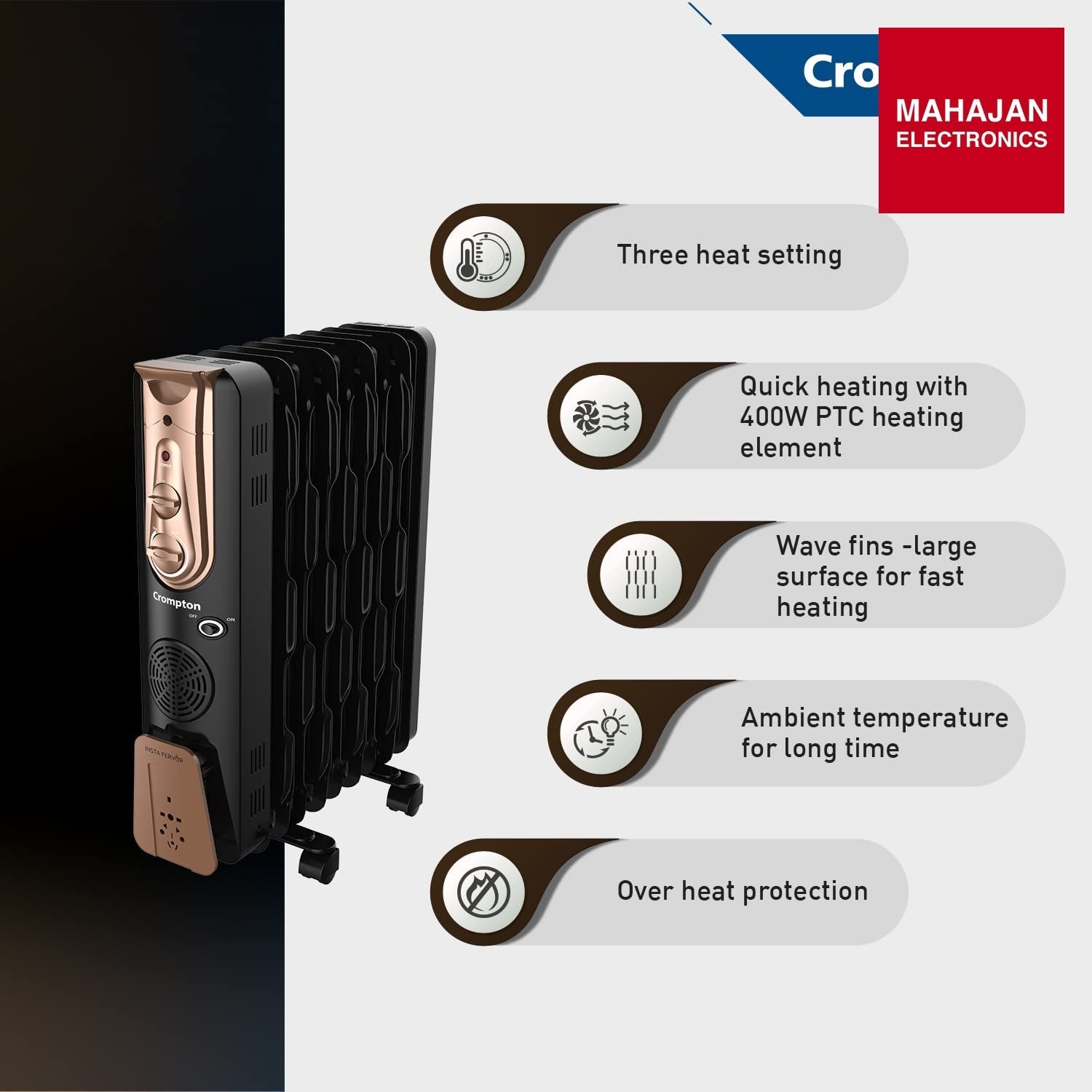 Crompton Insta Fervor 9 Fins 2400 Watts Oil Field Room Heater OFR with PTC fan, Black Gold – Mahajan Electronics Online.