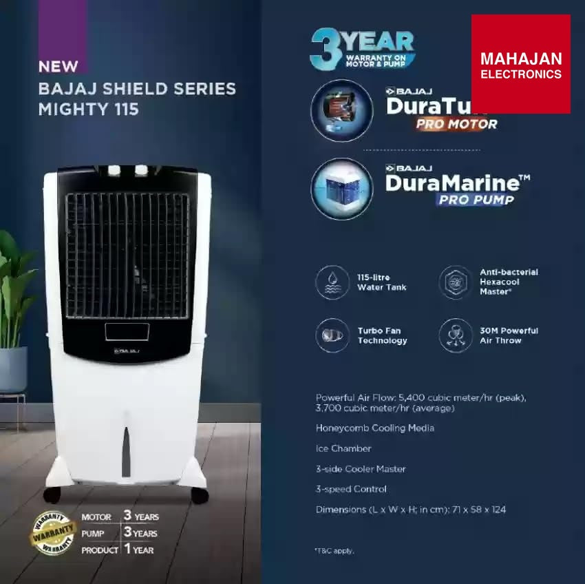 Bajaj Mighty 115L air cooler secondary image with Mahajan Electronics logo