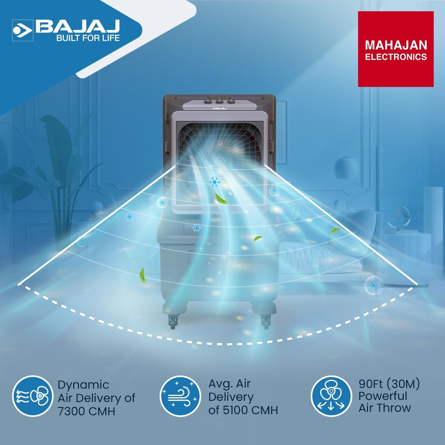 Bajaj X Force 100L air cooler secondary image with Mahajan Electronics logo