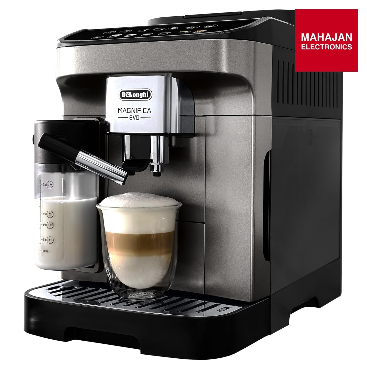 DeLonghi Magnifica Evo coffee machine secondary image with Mahajan Electronics logo