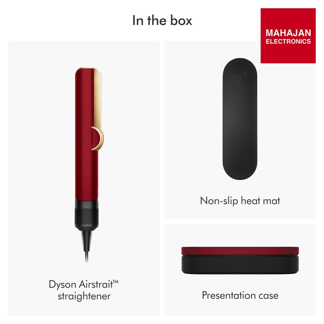 Dyson Airstrait Red Velvet and Gold secondary image with Mahajan Electronics logo