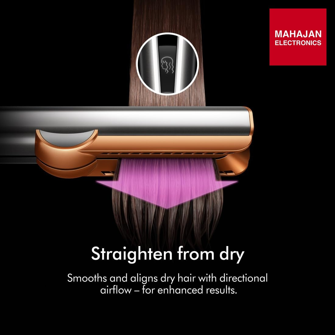 Dyson Airstrait Red Velvet and Gold secondary image with Mahajan Electronics logo