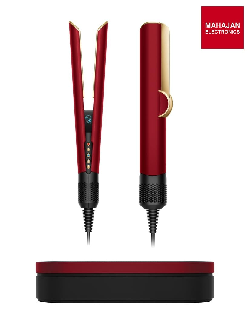 Dyson Airstrait Red Velvet and Gold secondary image with Mahajan Electronics logo