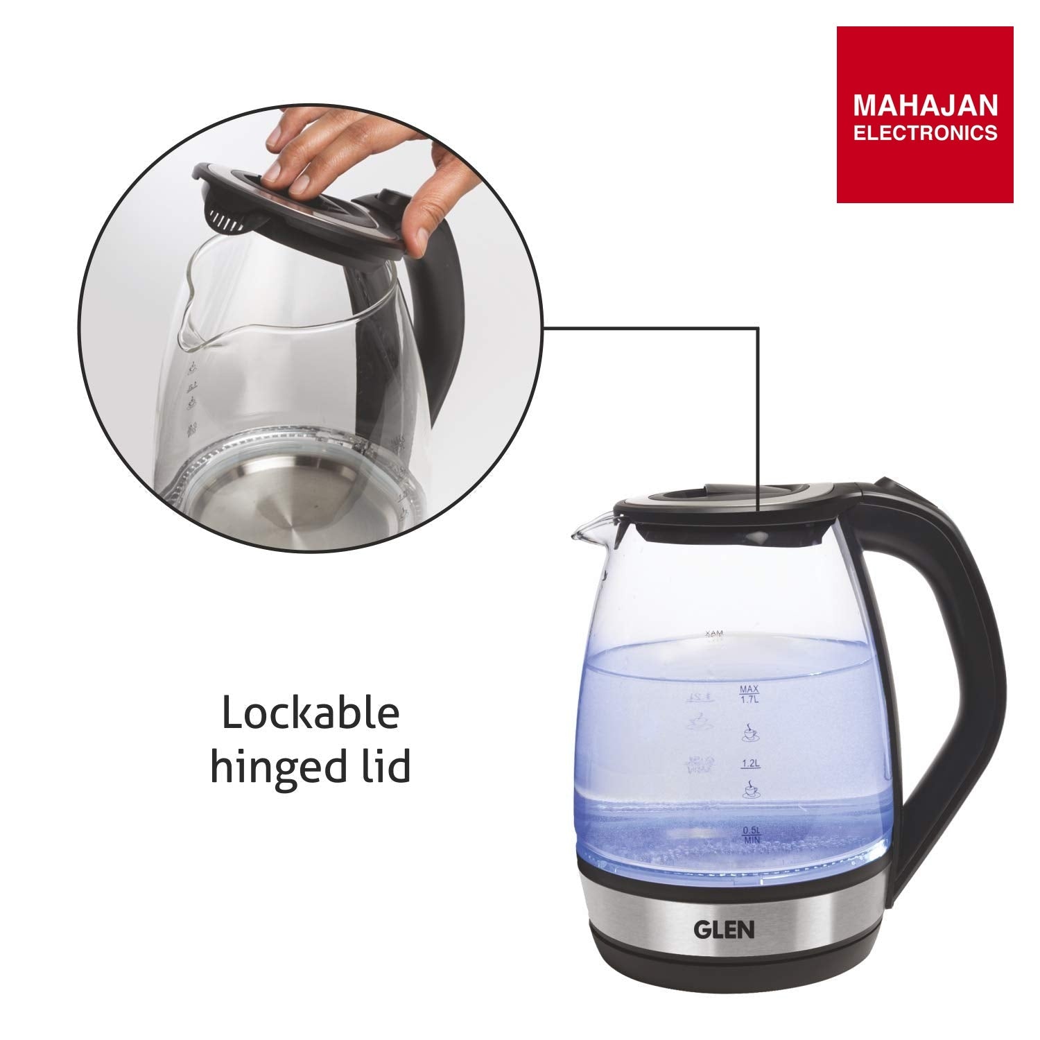 Glen Electric Glass Kettle 9012 | 1.8L Transparent Glass | 2000W Fast Boil | Blue LED Light | Mahajan Electronics Delhi NCR GLEN