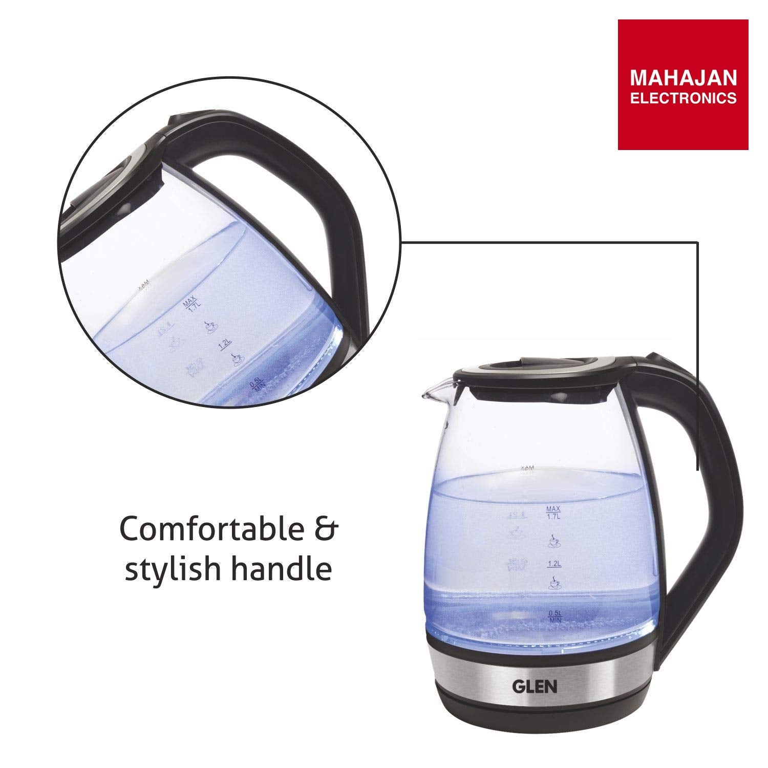 Glen Electric Glass Kettle 9012 | 1.8L Transparent Glass | 2000W Fast Boil | Blue LED Light | Mahajan Electronics Delhi NCR GLEN