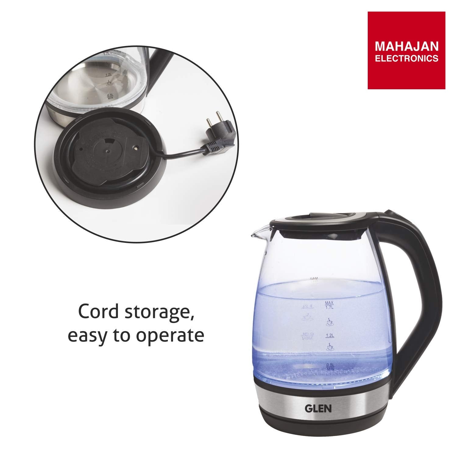 Glen Electric Glass Kettle 9012 | 1.8L Transparent Glass | 2000W Fast Boil | Blue LED Light | Mahajan Electronics Delhi NCR GLEN