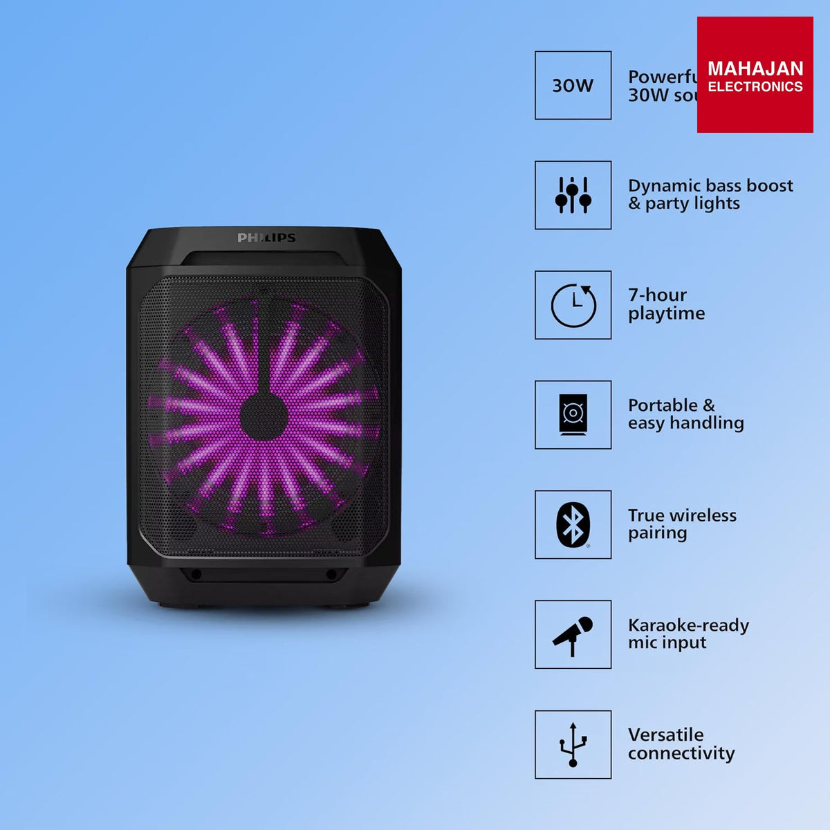 Philips TAX2208 30 W Bluetooth Party Speaker with Wired Mic, 8 Speaker System, Up to 7 Hours Playtime & Party Lights (Black) โ Mahajan Electronics Online.