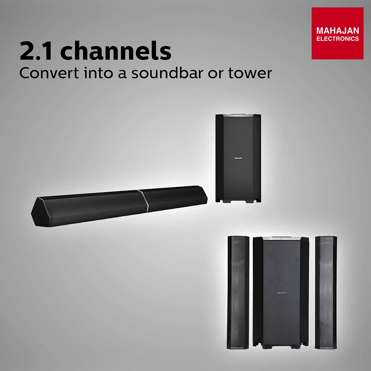 Philips MMS8085B 80 W 2.1 Channel Convertible Bluetooth Soundbar with Multipoint Connectivity & USB Input (Black) โ Mahajan Electronics Online.