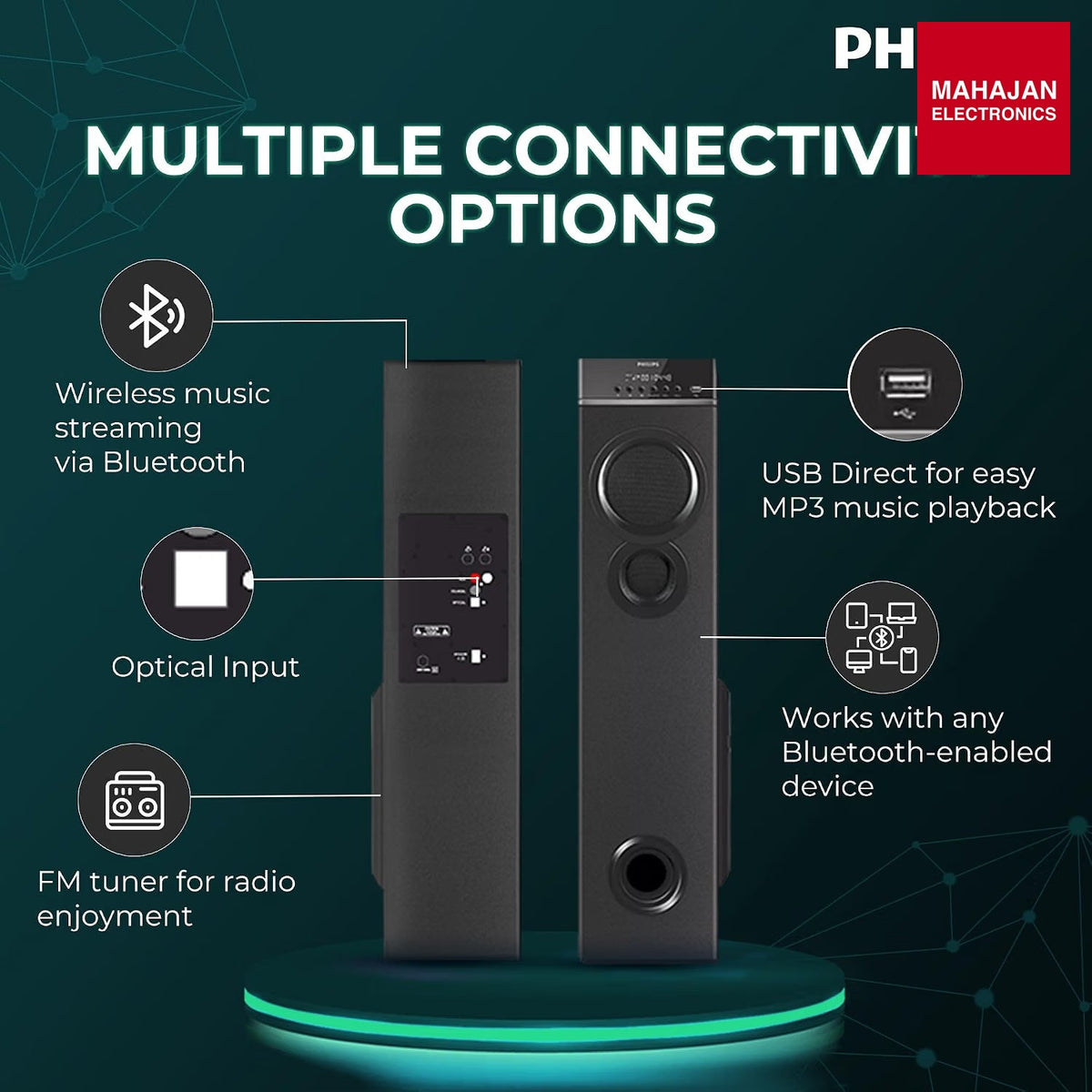 Philips SPA9085 2.0 Channel 100 W Multimedia Tower Speakers with Wireless Mic, Bluetooth, USB, AUX & FM Karaoke (Black) – Mahajan Electronics Online.