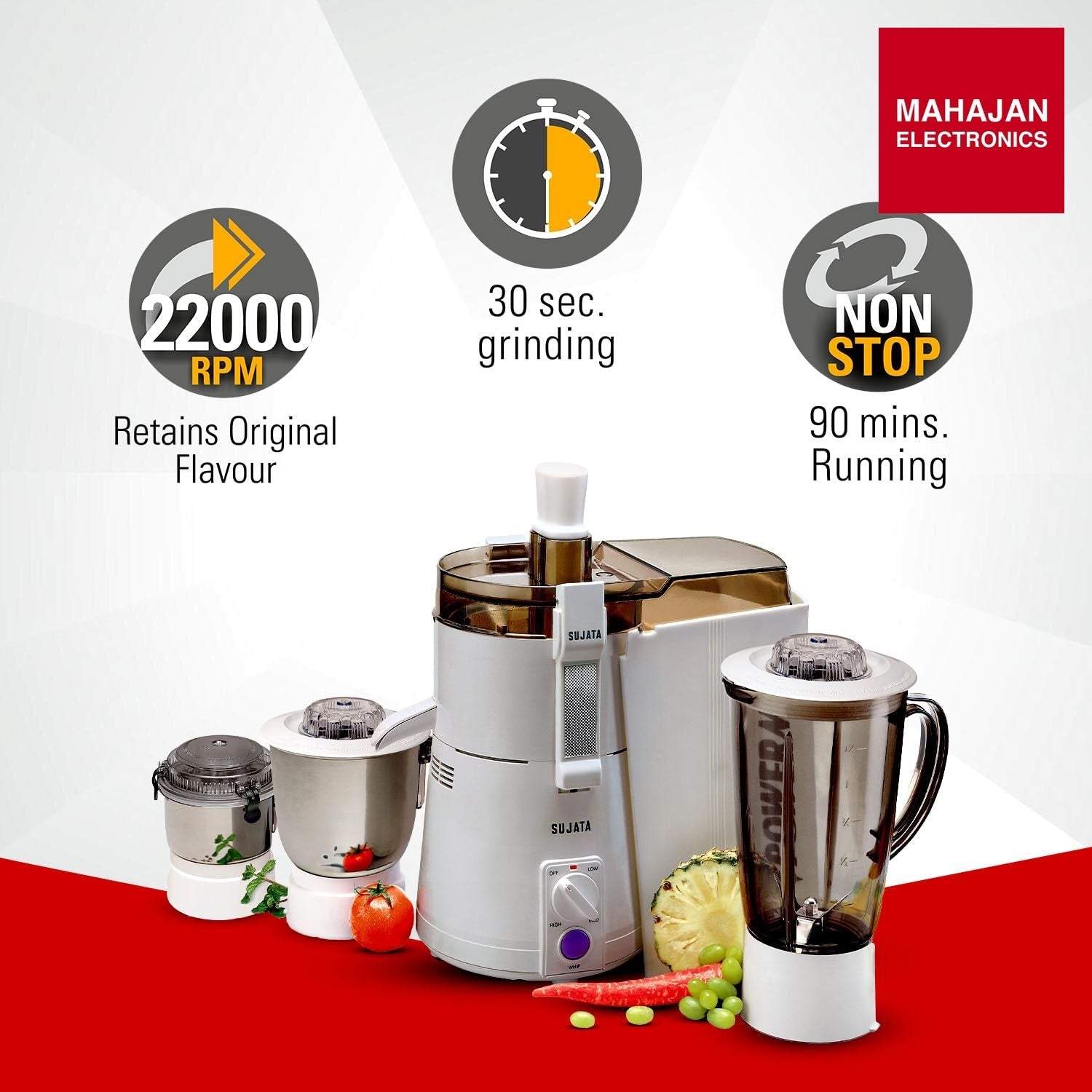 Sujata Powermatic Maxima 900W Juicer Mixer Grinder | 22000 RPM | 3 Jars | 90 Min Continuous Run | Mahajan Electronics Delhi NCR Sujata