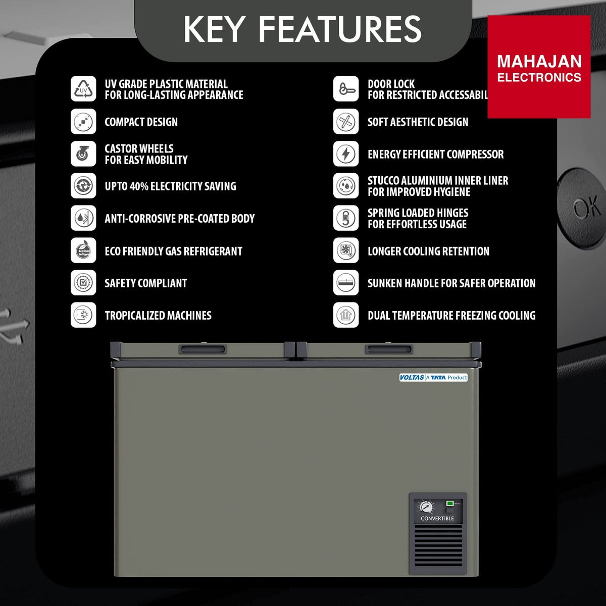 Voltas CVF320 deep freezer secondary image with Mahajan Electronics logo
