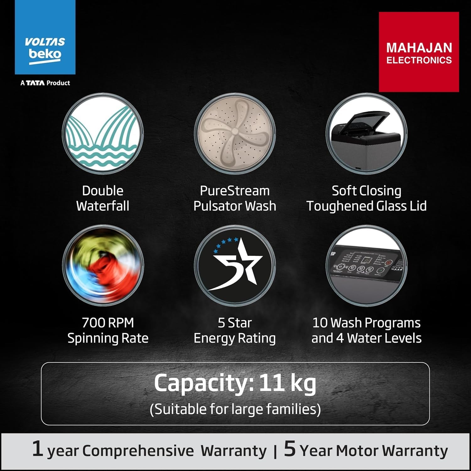 Voltas Beko WTL1106UEA/SPB0OD 11 Kg 5 Star Fully Automatic Top Load Washing Machine (Grey) | Double Waterfall Technology | LED Display | Drum Clean | 700 RPM Spin Speed – Buy Online at Mahajan Electronics Voltas Beko
