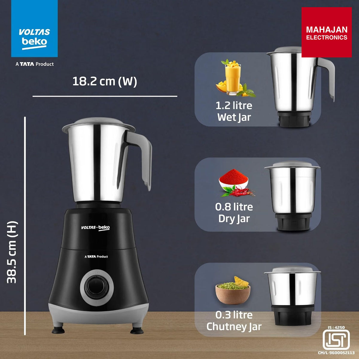 Voltas Beko G5253HP-BG 525W Mixer Grinder | GrindX Technology | 3 Stainless Steel Jars | Black & Grey โ Mahajan Electronics Online.