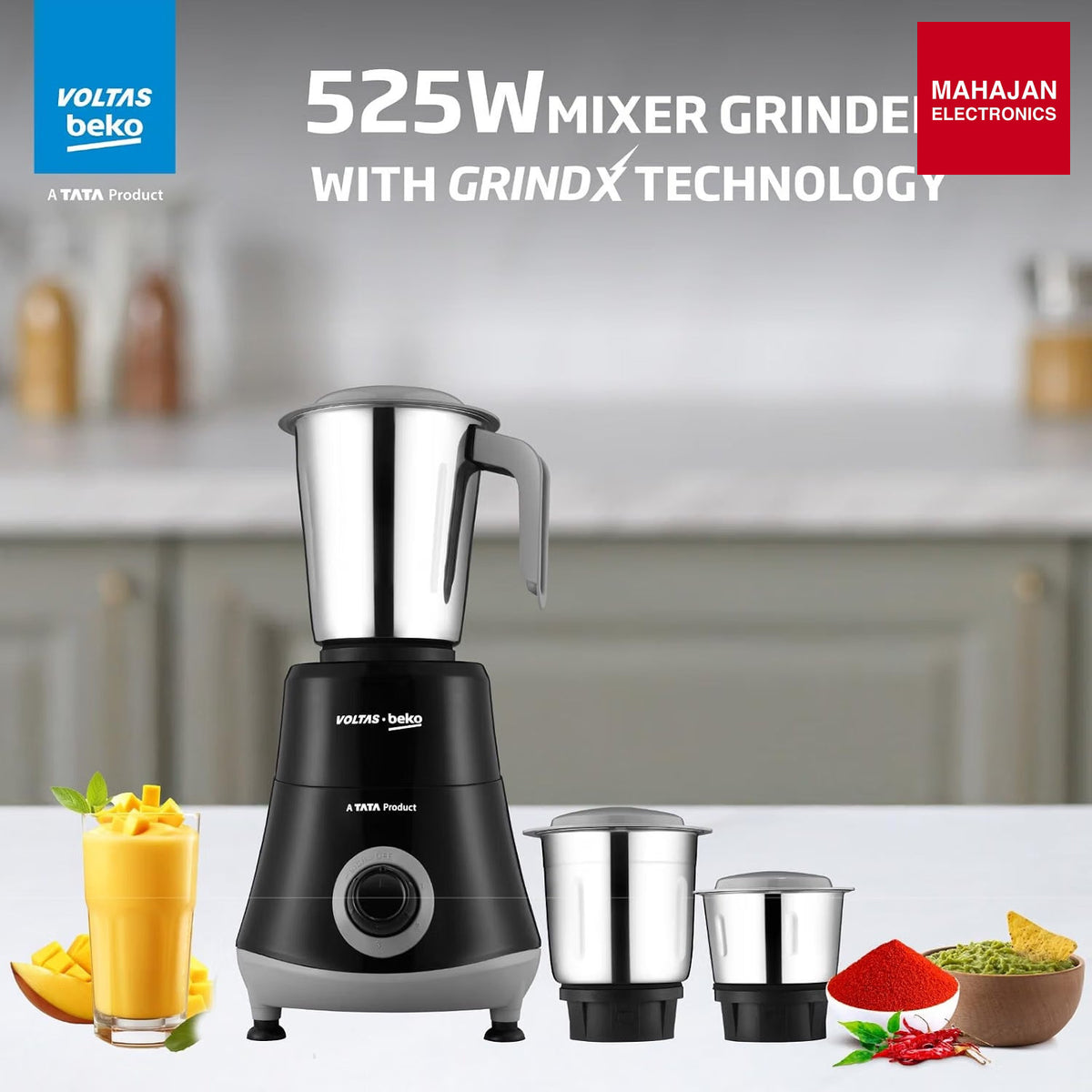 Voltas Beko G5253HP-BG 525W Mixer Grinder | GrindX Technology | 3 Stainless Steel Jars | Black & Grey โ Mahajan Electronics Online.