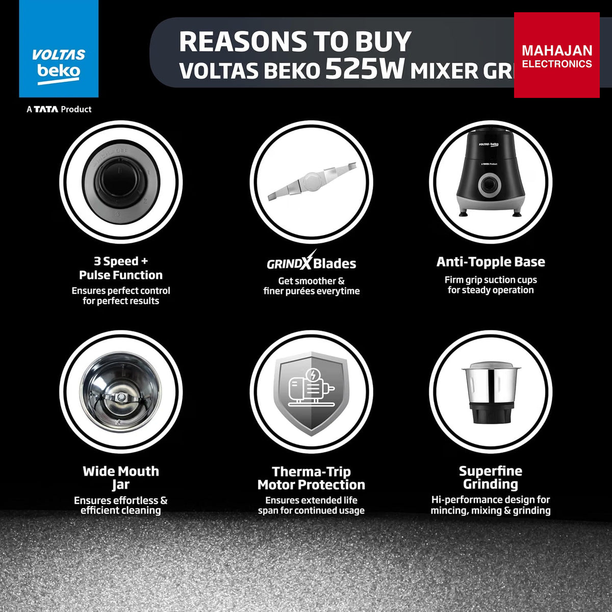 Voltas Beko G5253HP-BG 525W Mixer Grinder | GrindX Technology | 3 Stainless Steel Jars | Black & Grey โ Mahajan Electronics Online.