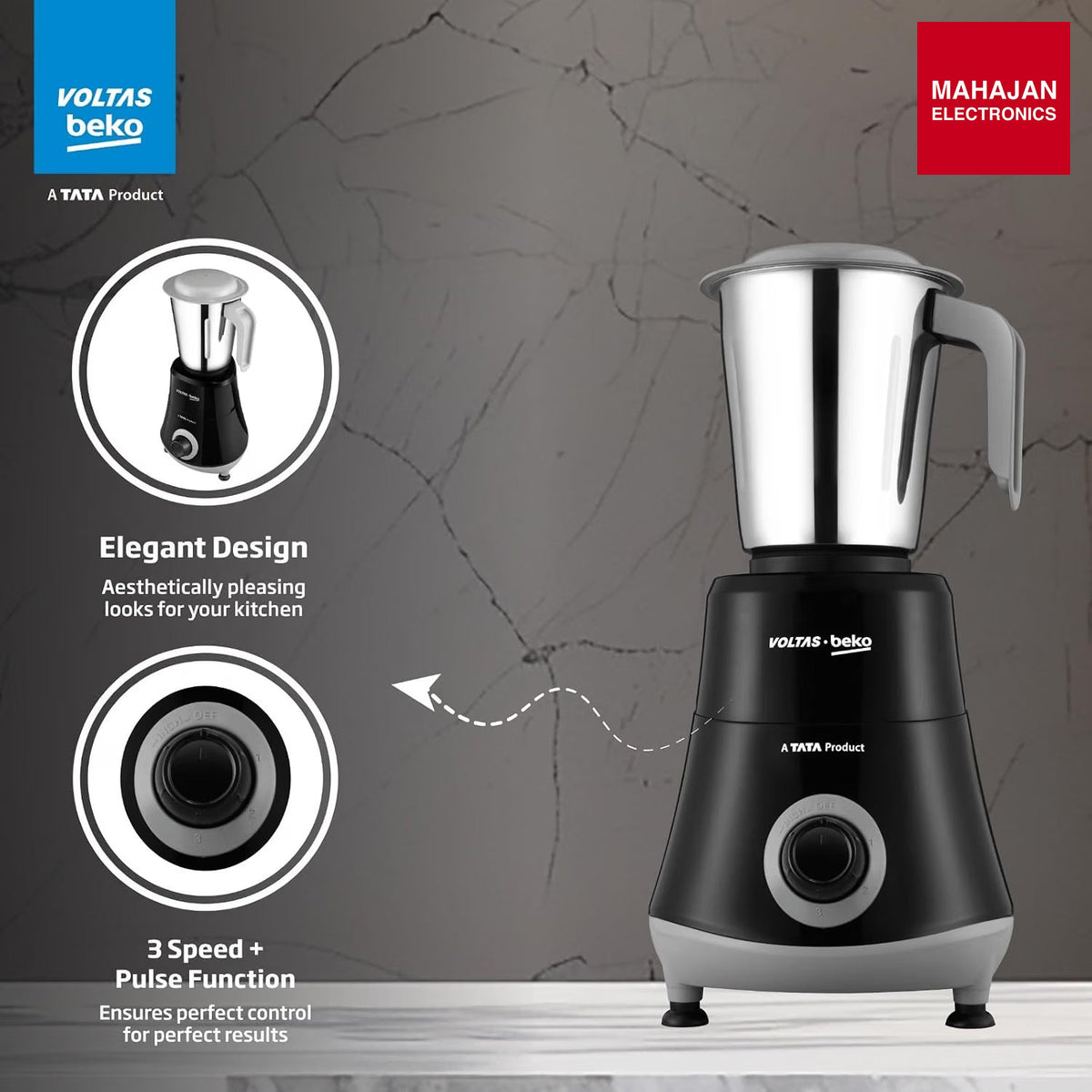 Voltas Beko G5253HP-BG 525W Mixer Grinder | GrindX Technology | 3 Stainless Steel Jars | Black & Grey โ Mahajan Electronics Online.