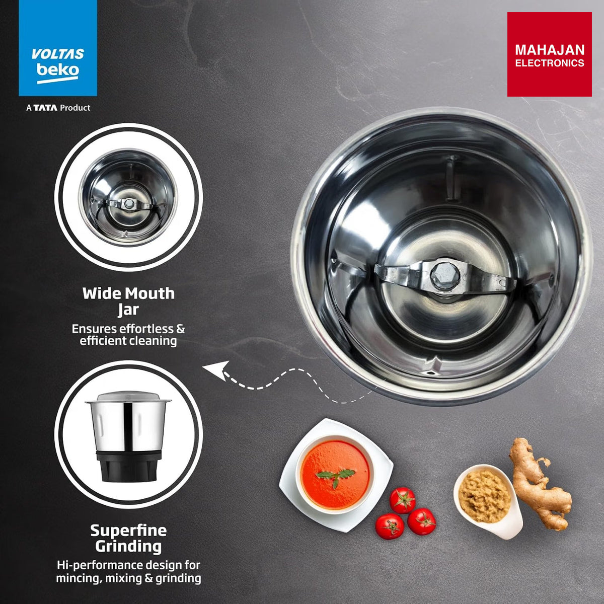 Voltas Beko G5253HP-BG 525W Mixer Grinder | GrindX Technology | 3 Stainless Steel Jars | Black & Grey โ Mahajan Electronics Online.