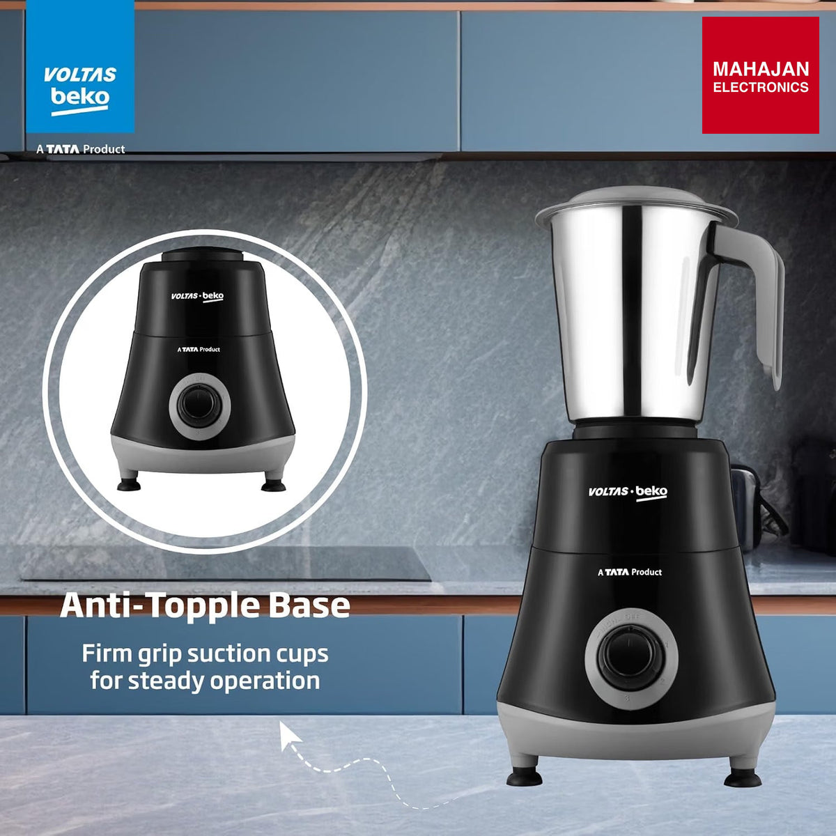 Voltas Beko G5253HP-BG 525W Mixer Grinder | GrindX Technology | 3 Stainless Steel Jars | Black & Grey โ Mahajan Electronics Online.
