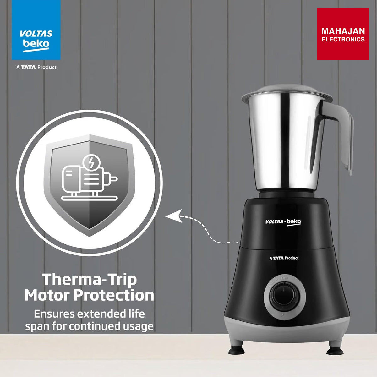 Voltas Beko G5253HP-BG 525W Mixer Grinder | GrindX Technology | 3 Stainless Steel Jars | Black & Grey โ Mahajan Electronics Online.