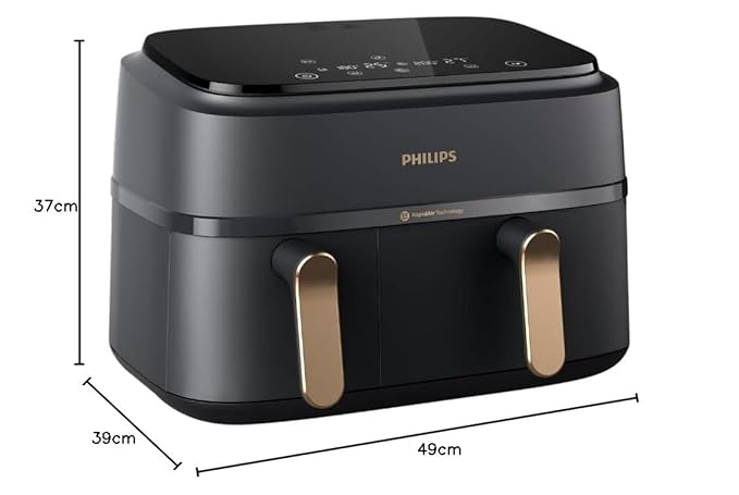 PHILIPS Air Fryer NA352/00 with Rapid Air Technology, 9L capacity, Dual basket (6L & 3L) for full oven tray cooking, 8 Preset Menus, Intuitive touch control, 90% less oil, 500+ Recipes, Extra Large-Online Mahajan Electronics