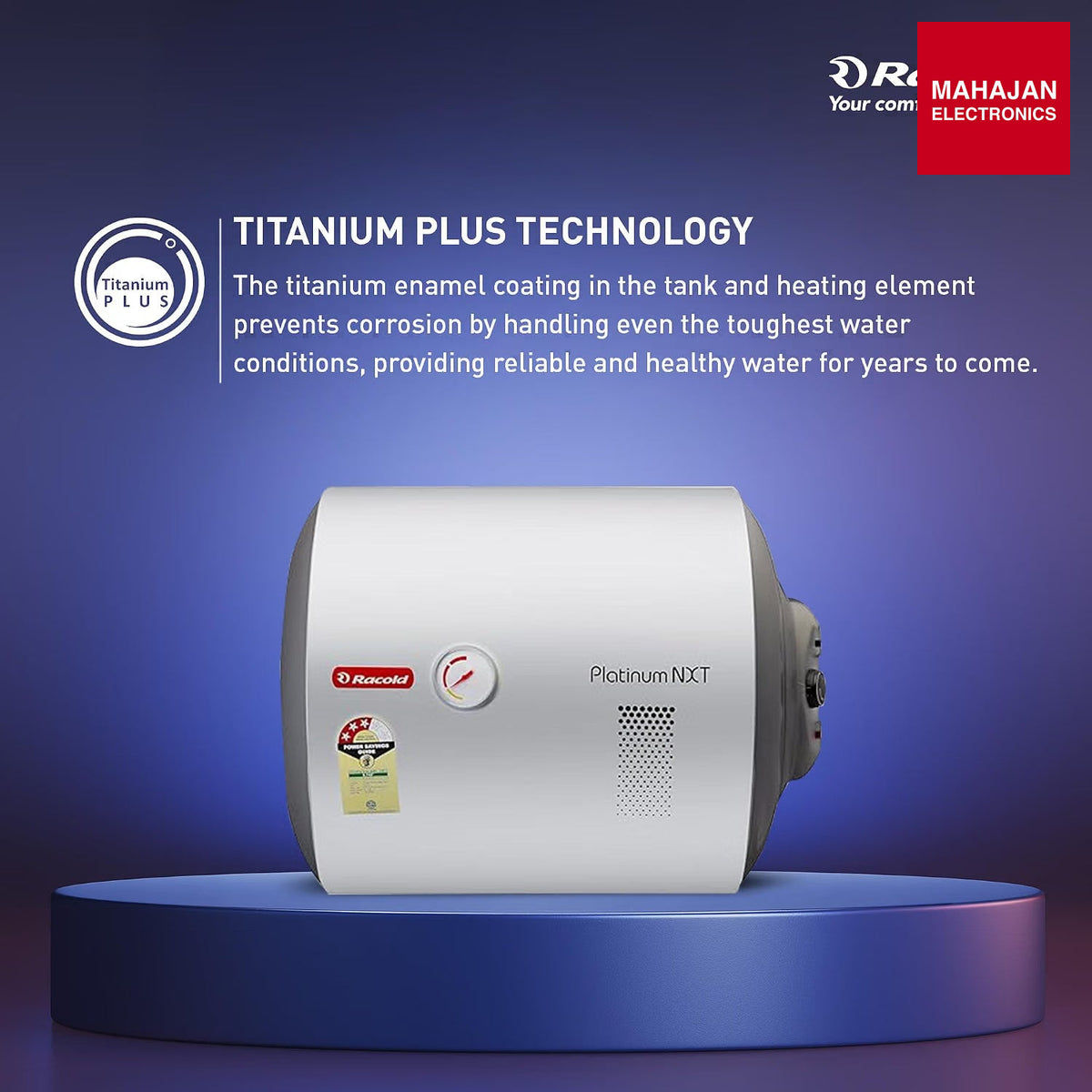 Racold Platinum Nxt 50L RHS horizontal water heater with Titanium Plus technology โ Mahajan Electronics Online.