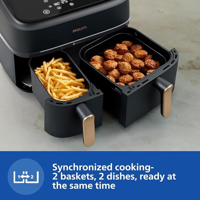 PHILIPS Air Fryer NA352/00 with Rapid Air Technology, 9L capacity, Dual basket (6L & 3L) for full oven tray cooking, 8 Preset Menus, Intuitive touch control, 90% less oil, 500+ Recipes, Extra Large-Online Mahajan Electronics