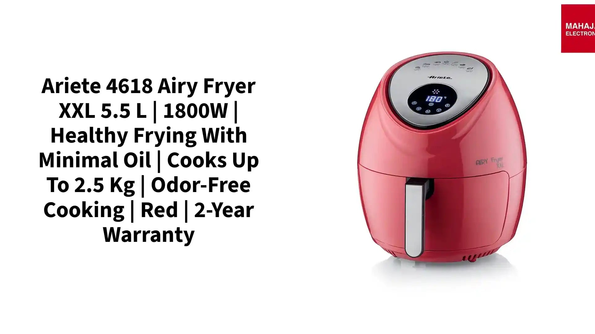 Ariete 4618 Airy Fryer XXL 5.5 L | 1800W | Healthy Frying with Minimal Oil | Cooks Up to 2.5 kg | Odor-Free Cooking | Red | 2-Year Warranty by@Outfy