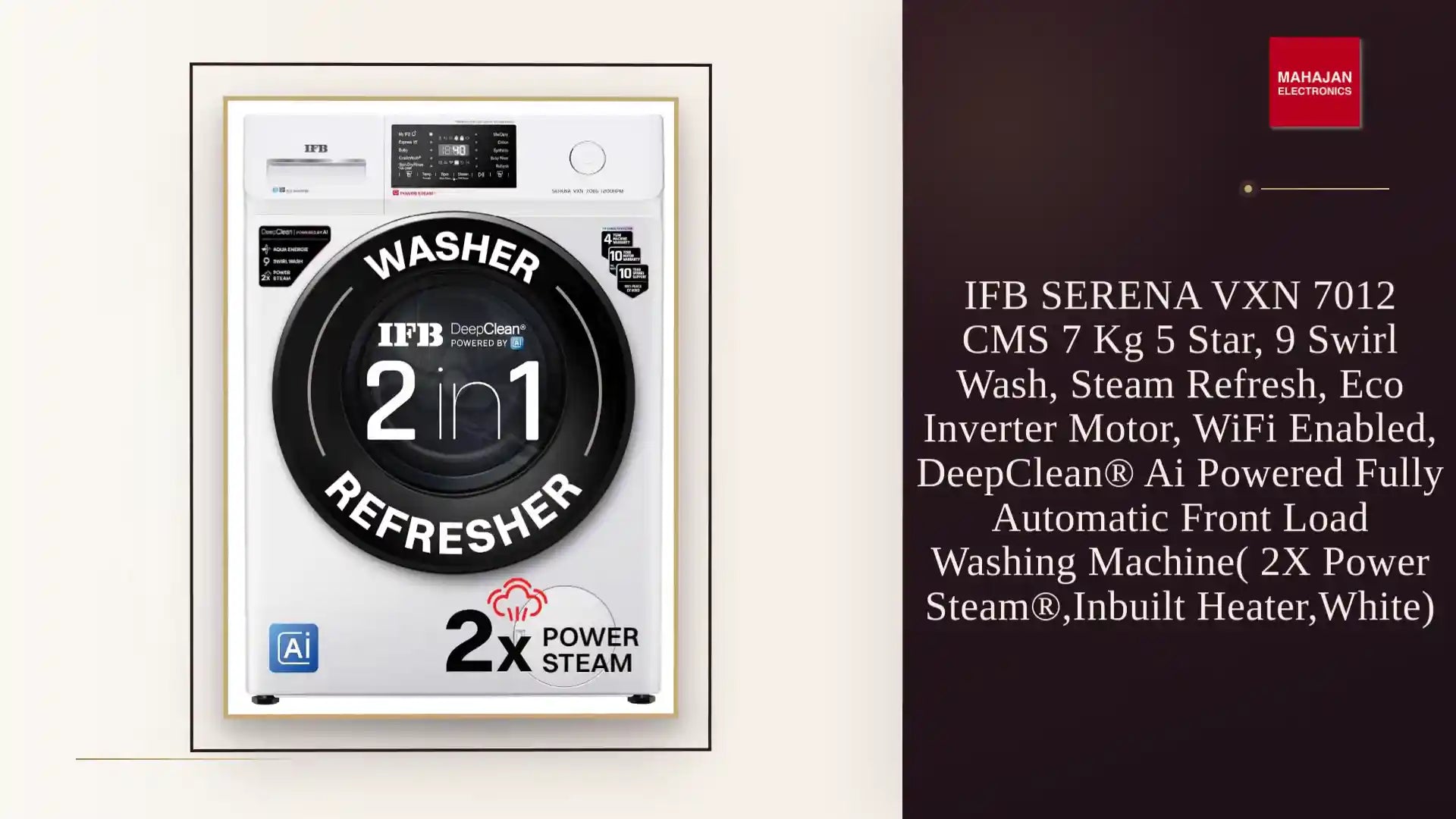 IFB SERENA VXN 7012 CMS 7 Kg 5 Star, 9 Swirl Wash, Steam Refresh, Eco Inverter Motor, WiFi Enabled, DeepClean® Ai Powered Fully Automatic Front Load Washing Machine( 2X Power Steam®,Inbuilt Heater,White) by@Outfy