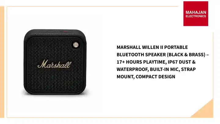 Marshall Willen II Portable Bluetooth Speaker (Black & Brass) – 17+ Hours Playtime, IP67 Dust & Waterproof, Built-in Mic, Strap Mount, Compact Design by@Outfy