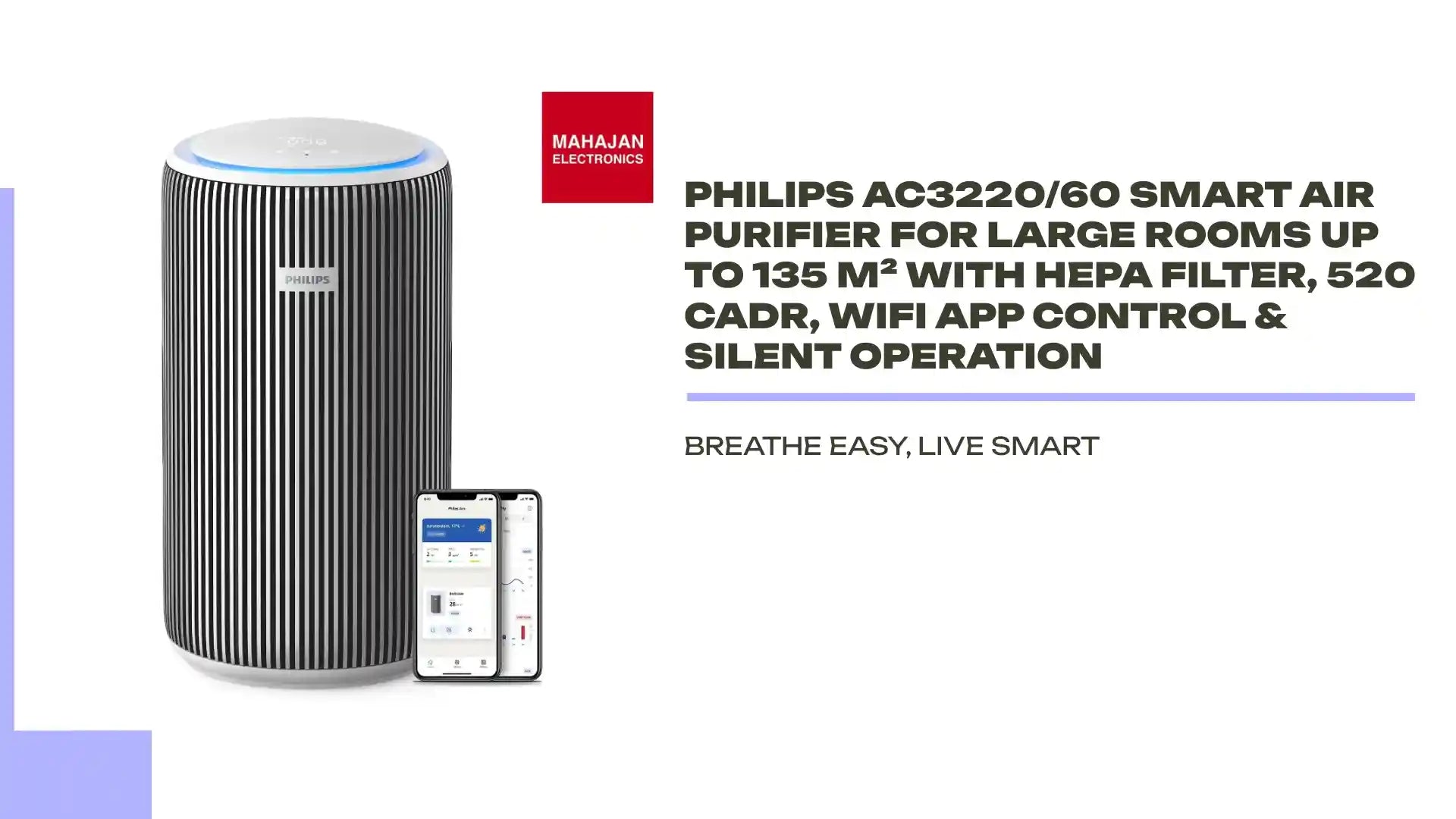 Philips AC3220/60 Smart Air Purifier for Large Rooms up to 135 m² with HEPA Filter, 520 CADR, WiFi App Control & Silent Operation by@Outfy