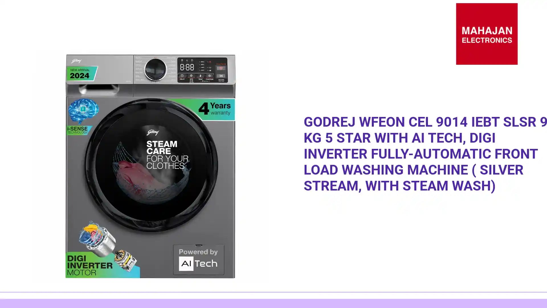 Godrej WFEON CEL 9014 IEBT SLSR 9 Kg 5 Star With AI Tech, Digi Inverter Fully-Automatic Front Load Washing Machine ( Silver Stream, With Steam Wash) by@Outfy