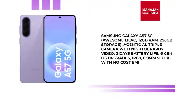 Samsung Galaxy A57 5G (Awesome Lilac, 12GB RAM, 256GB Storage), Agentic AI, Triple Camera with Nightography Video, 2 Days Battery Life, 6 Gen OS Upgrades, IP68, 6.9mm Sleek, with No Cost EMI by@Outfy