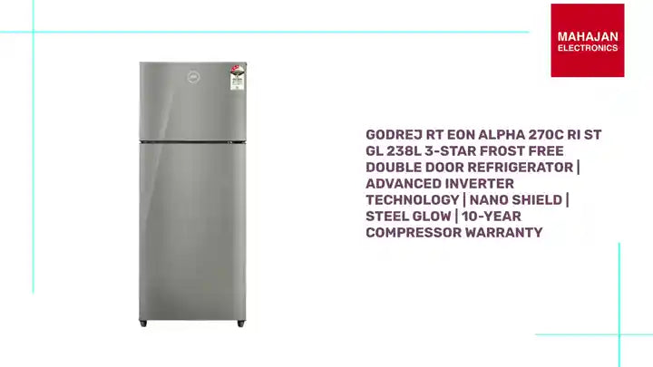 Godrej RT EON ALPHA 270C RI ST GL 238L 3-Star Frost Free Double Door Refrigerator | Advanced Inverter Technology | Nano Shield | Steel Glow | 10-Year Compressor Warranty by@Outfy