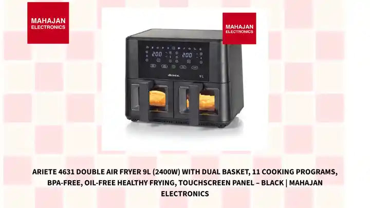 Ariete 4631 Double Air Fryer 9L (2400W) with Dual Basket, 11 Cooking Programs, BPA-Free, Oil-Free Healthy Frying, Touchscreen Panel – Black | Mahajan Electronics by@Outfy