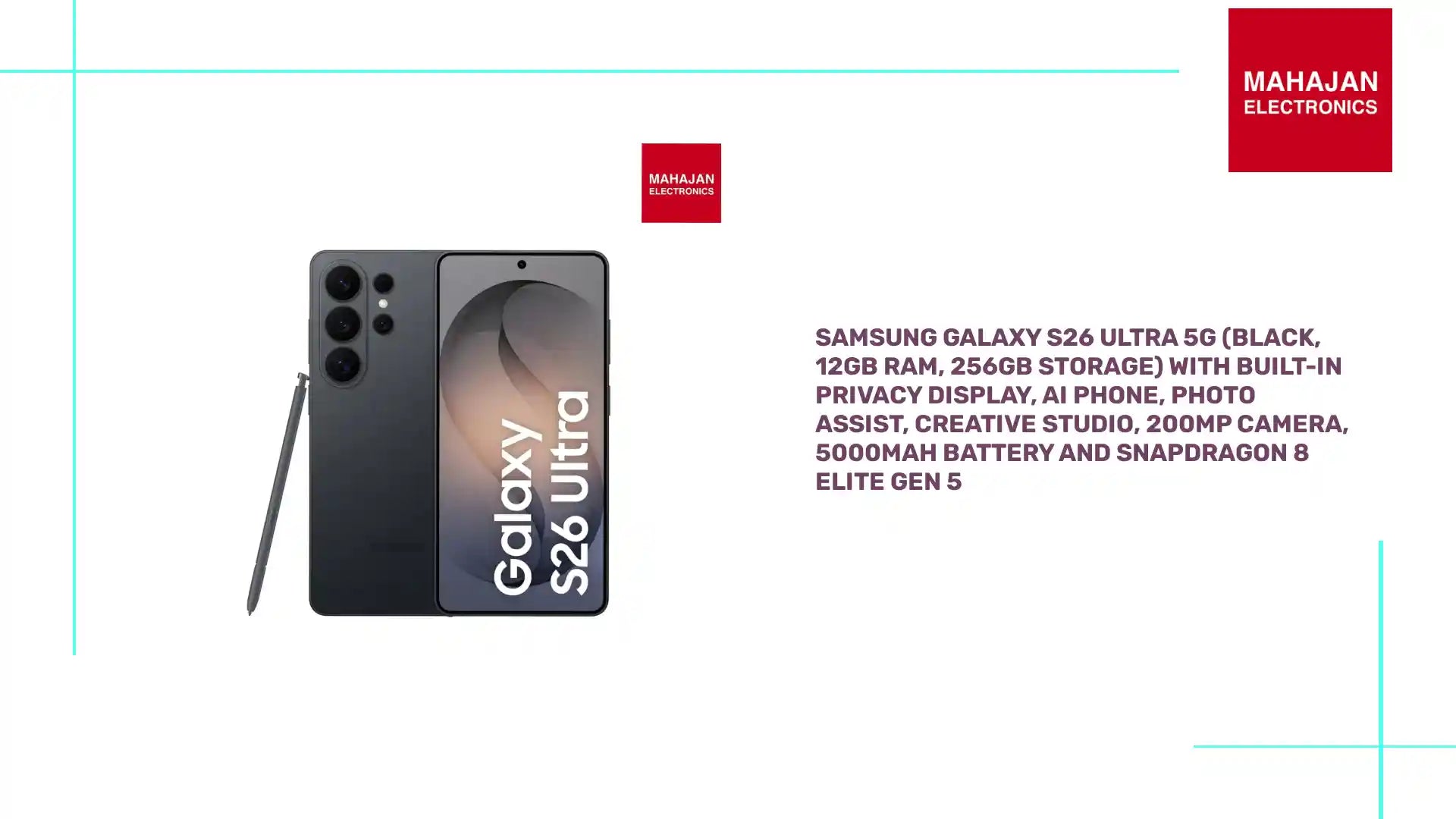 Samsung Galaxy S26 Ultra 5G (Black, 12GB RAM, 256GB Storage) with Built-in Privacy Display, AI Phone, Photo Assist, Creative Studio, 200MP Camera, 5000mAh Battery and Snapdragon 8 Elite Gen 5 by@Outfy