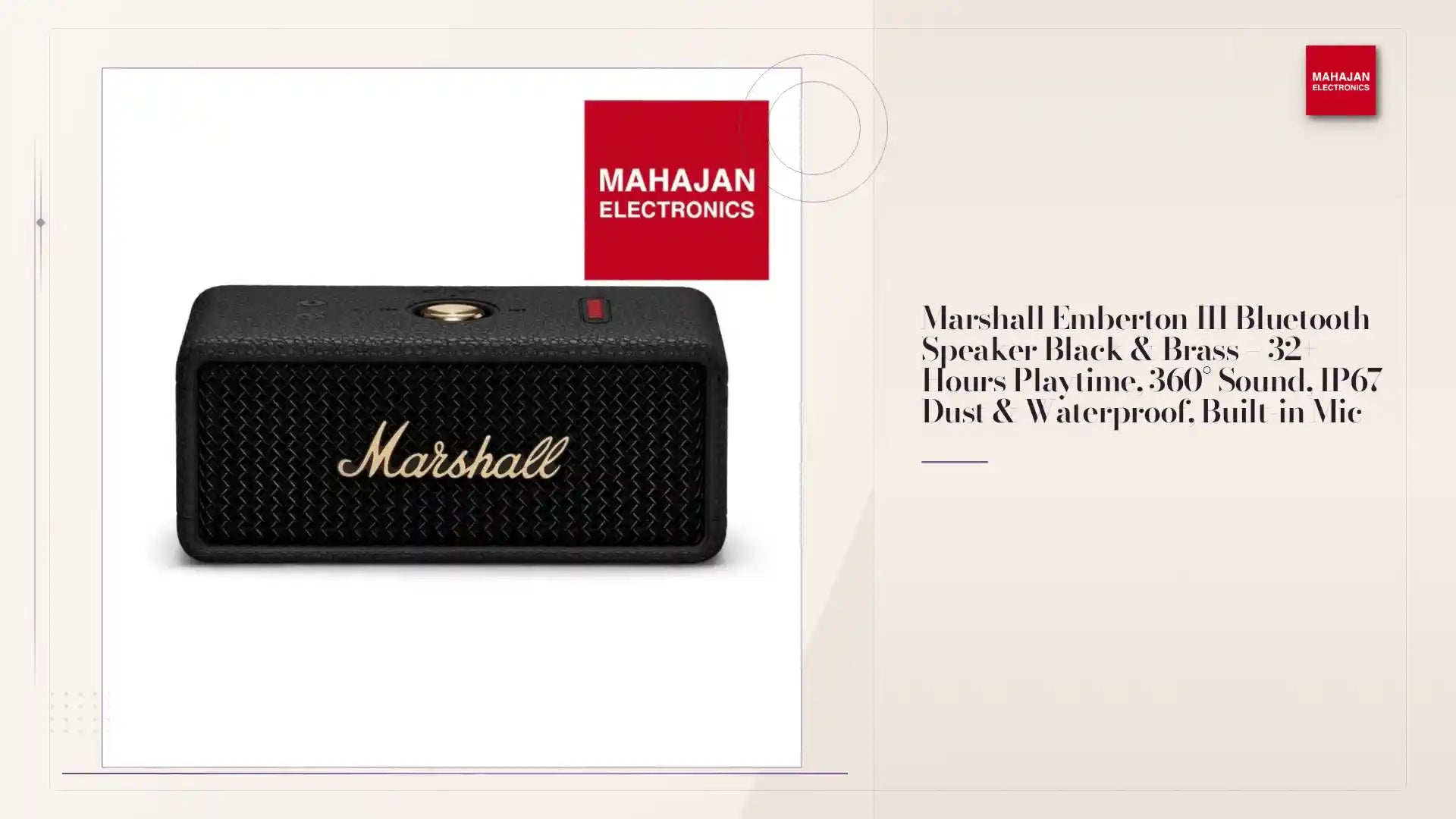 Marshall Emberton III Bluetooth Speaker Black & Brass – 32+ Hours Playtime, 360° Sound, IP67 Dust & Waterproof, Built-in Mic by@Outfy