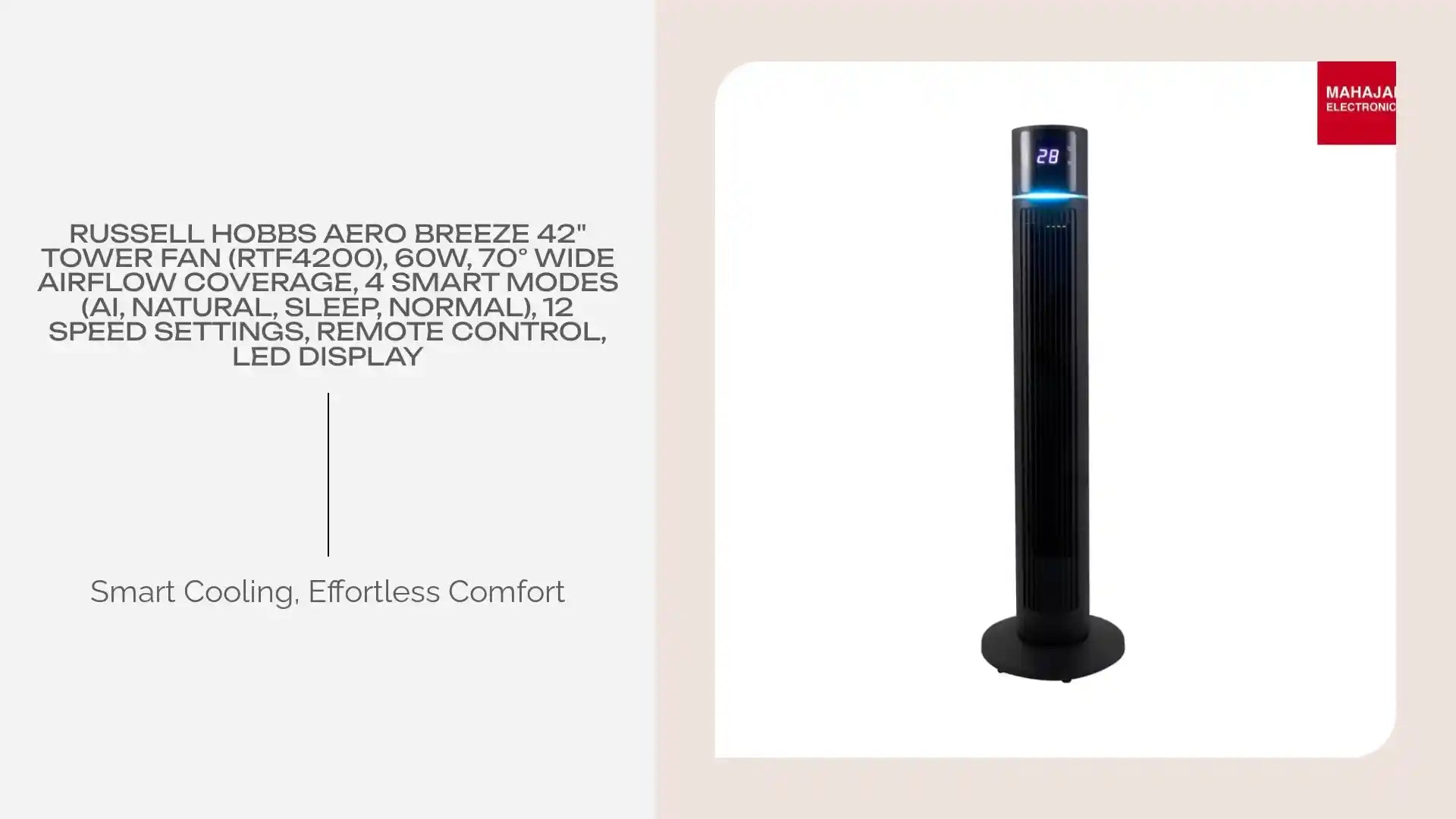Russell Hobbs Aero Breeze 42" Tower Fan (RTF4200), 60W, 70° Wide Airflow Coverage, 4 Smart Modes (AI, Natural, Sleep, Normal), 12 Speed Settings, Remote Control, LED Display by@Outfy