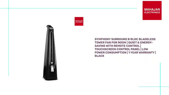 Symphony Surround B BLDC Bladeless Tower Fan For Room | Quiet & Energy-Saving with Remote Control | Touchscreen Control Panel | Low Power Consumption | 1 Year Warranty | Black by@Outfy