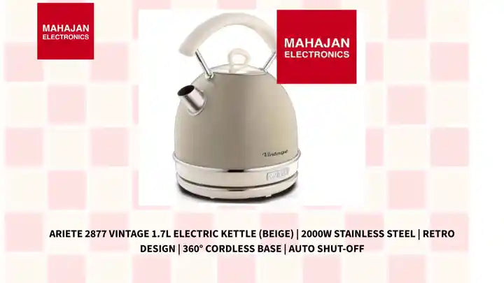 Ariete 2877 Vintage 1.7L Electric Kettle (Beige) | 2000W Stainless Steel | Retro Design | 360° Cordless Base | Auto Shut-Off by@Outfy